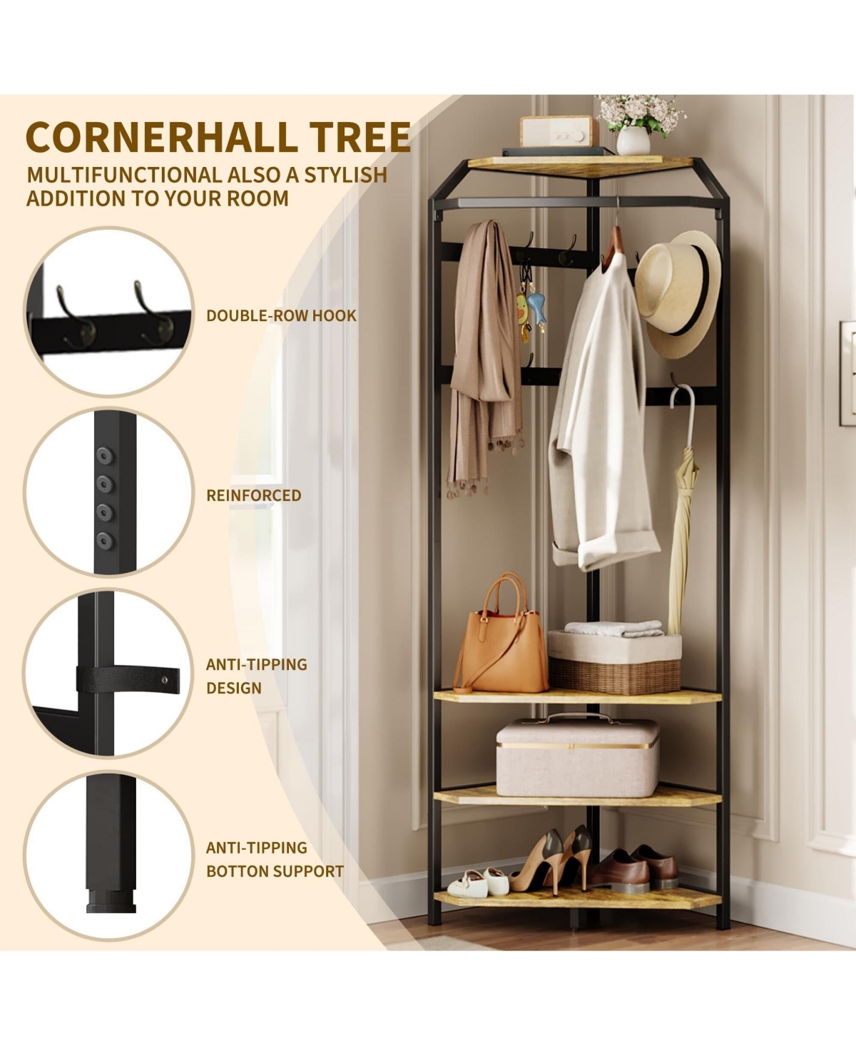 gaomon Corner Coat Rack With Shoe Bench and 6 Double Hooks, Hall Tree - Clothes Storage Organizer Shelf