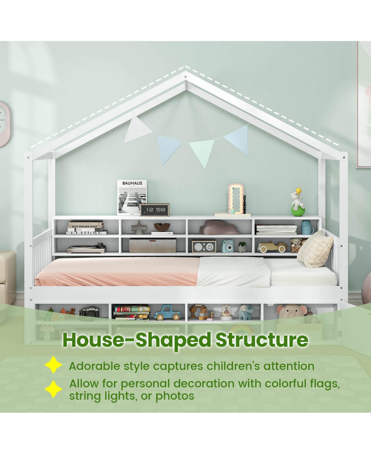 Costway Twin Size House Bed Wooden Platform Bed Frame with Roof & 14 Storage Cubes