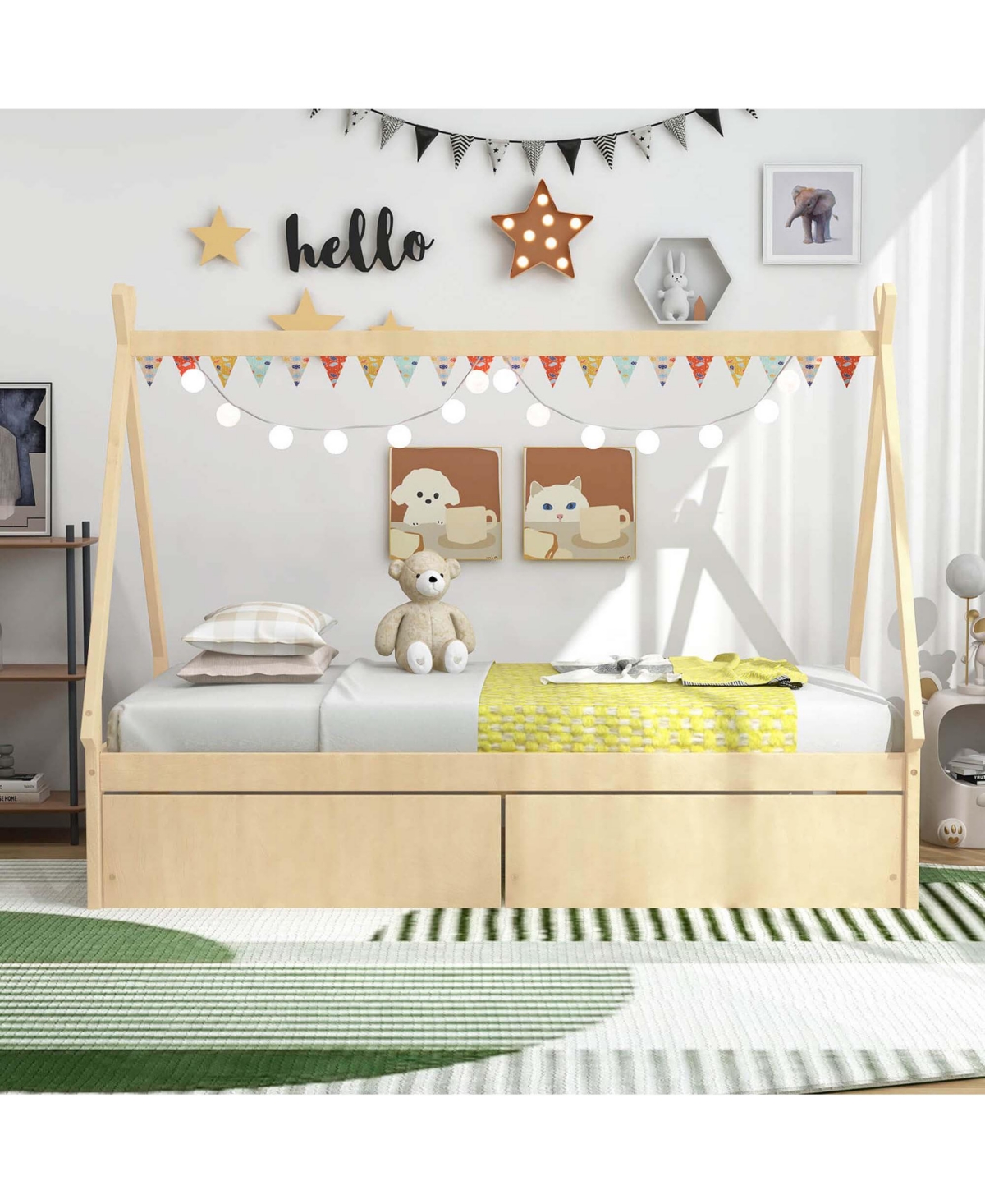 Costway Twin Wooden House Bed with 2 Drawers Roof Storage for Boys & Girls