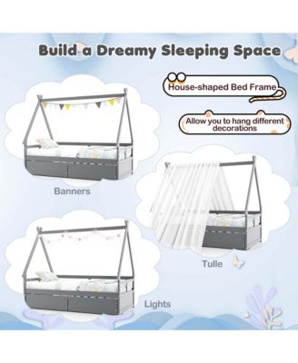 Twin Size House Bed with Roof Safety Guardrail 2 Storage Drawers Wood Slat Support