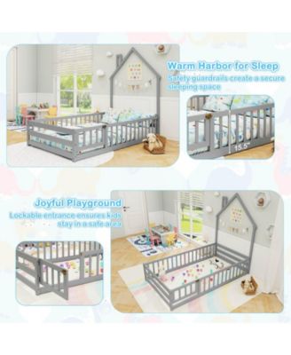 Twin Size Montessori Floor Bed for Toddler with Lockable Door Full-Length Guardrail