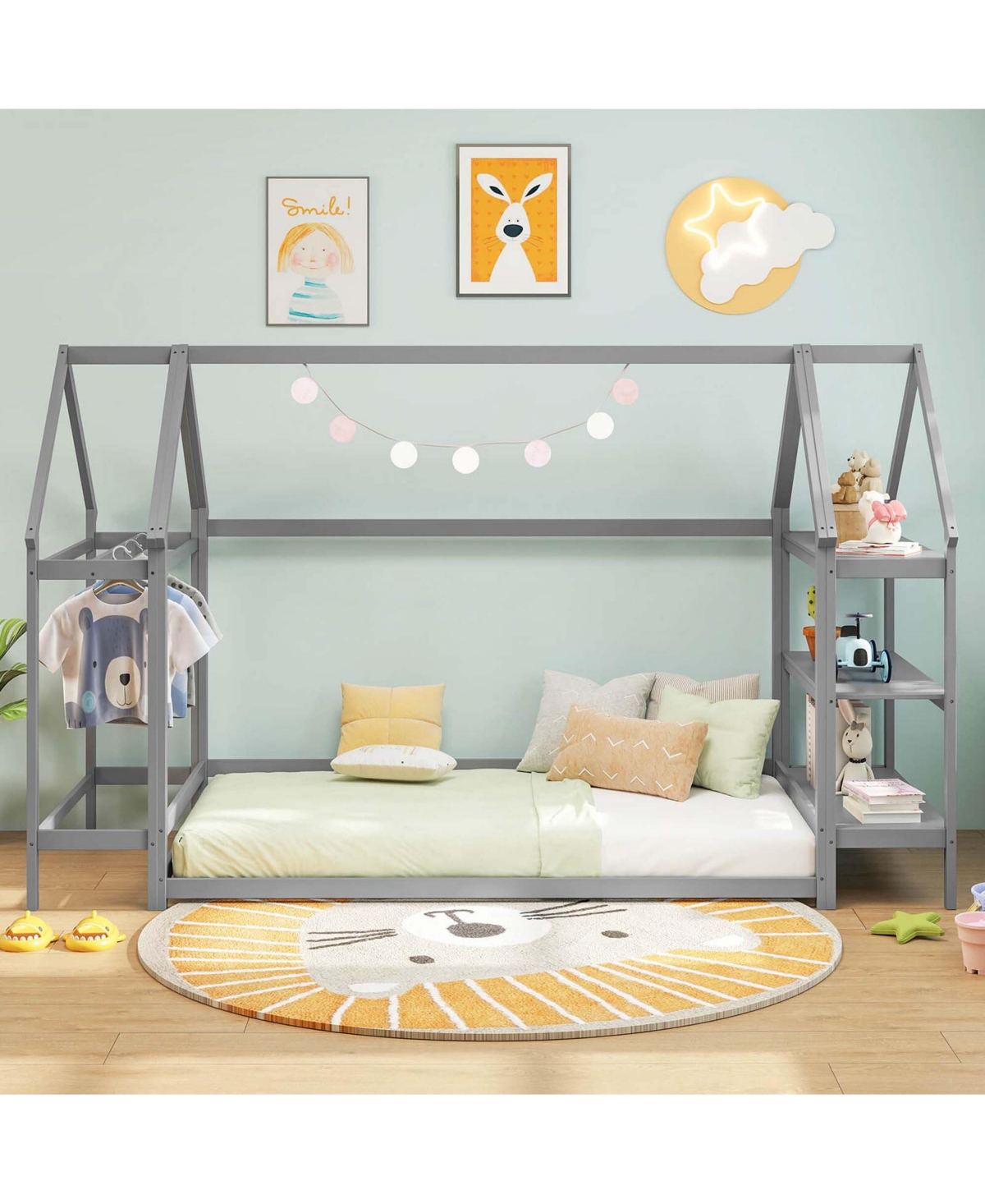 Costway Twin House Bed Montessori Floor with Detachable Storage Shelves