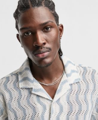 Men's Short-Sleeve Relaxed Wave-Knit Camp-Collar Shirt