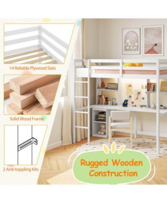Twin Loft Bed with LED Light & Power Outlet Desk Storage Shelves & Cabinet