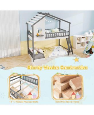 Twin over Twin House Bunk Bed with Roof Ladder & Full-length Guardrails for Kids