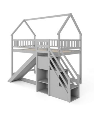 Twin Over Twin Bunk Bed with Slide & Staircase with Storage Compartments