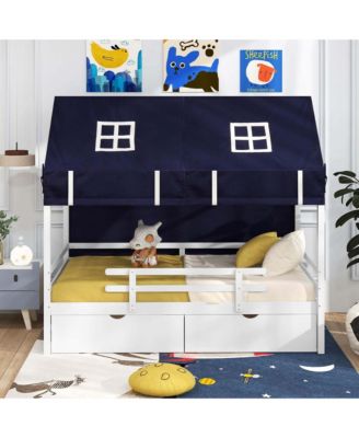 Twin House Bed Solid Wood Playhouse Bed Low Loft Bed with Tent 2 Storage Drawers
