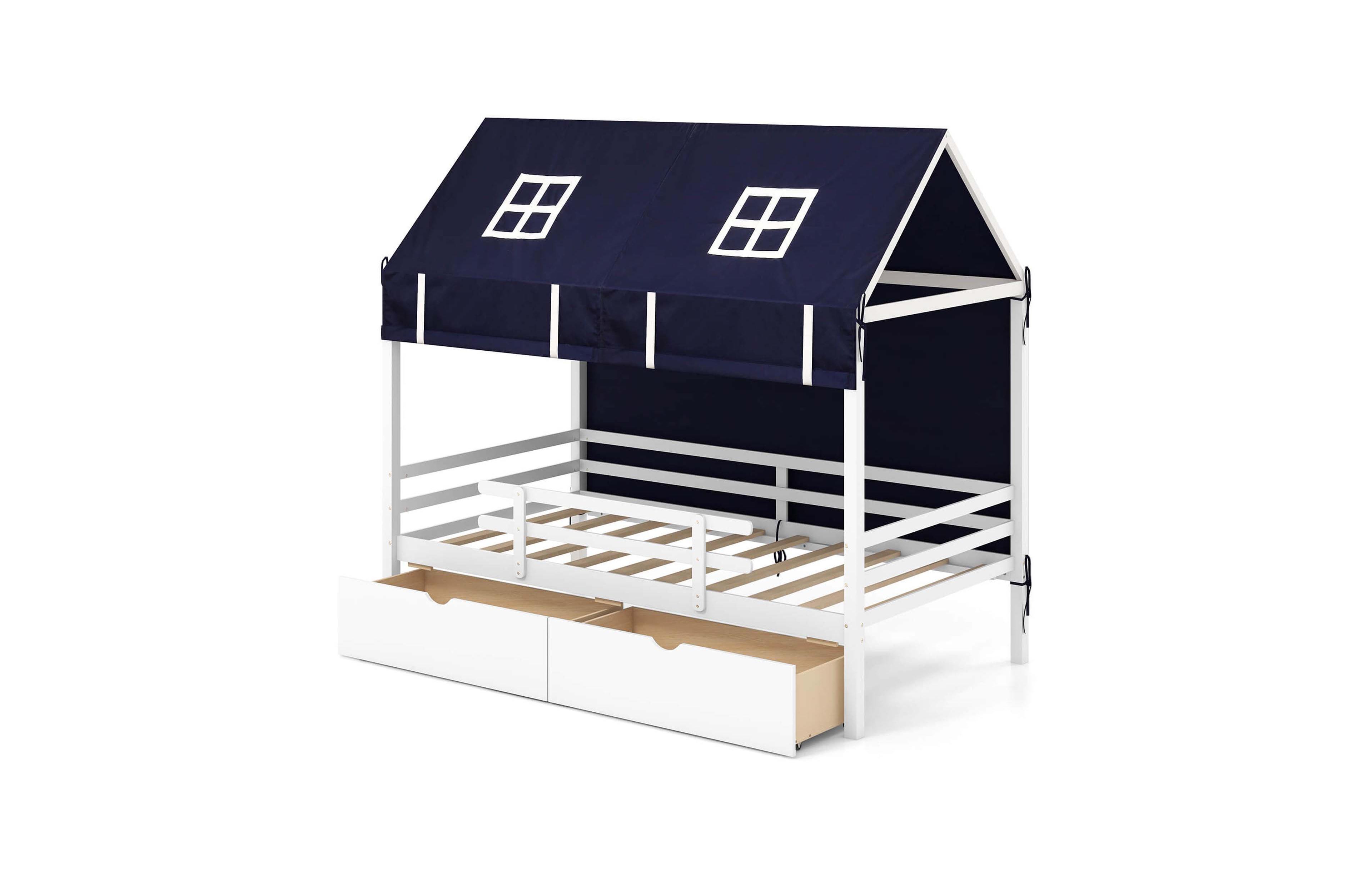 Costway Twin House Bed Solid Wood Playhouse Bed Low Loft Bed with Tent 2 Storage Drawers