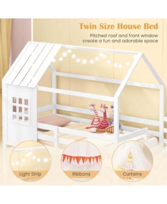 Twin House Bunk Bed with Stairs Roof Rails & Window Full-length Guardrails