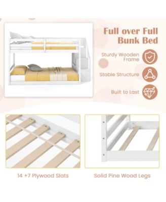 Full Over Full Low Bunk Bed with Storage Stairs with Full-length Guardrails