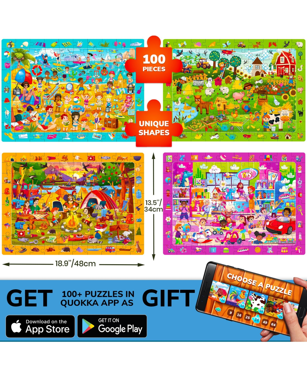 Quokka 4xSET 100 Piece Puzzles for Kids Ages 4-6 – Search and Find Artist-Crafted Illustrations