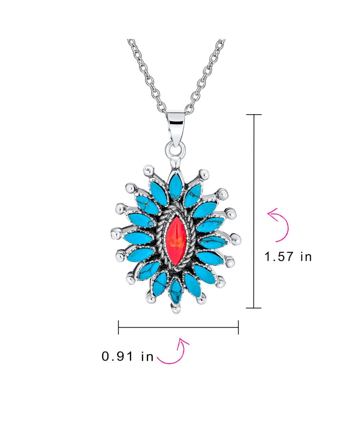 Bling Jewelry Western Navajo Style Red Blue Turquoise Conoch Flower Blossom Necklace .925 Sterling Silver