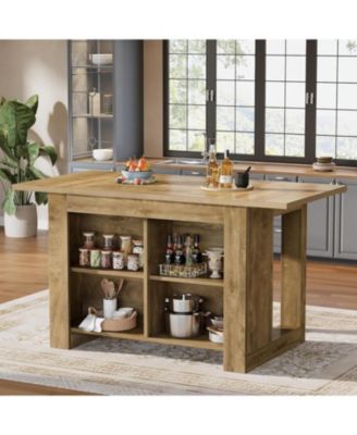 Kitchen Island with Storage and Seating, 63 Inch Island Table with Extra Large Worktop, Natural Oak