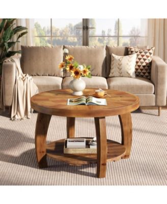 Solid Wood Round Coffee Table, 2-Tier Center Table with Storage, 31.5 Inch Wood Tabletop with Mosaic Pattern, Easy Assembly