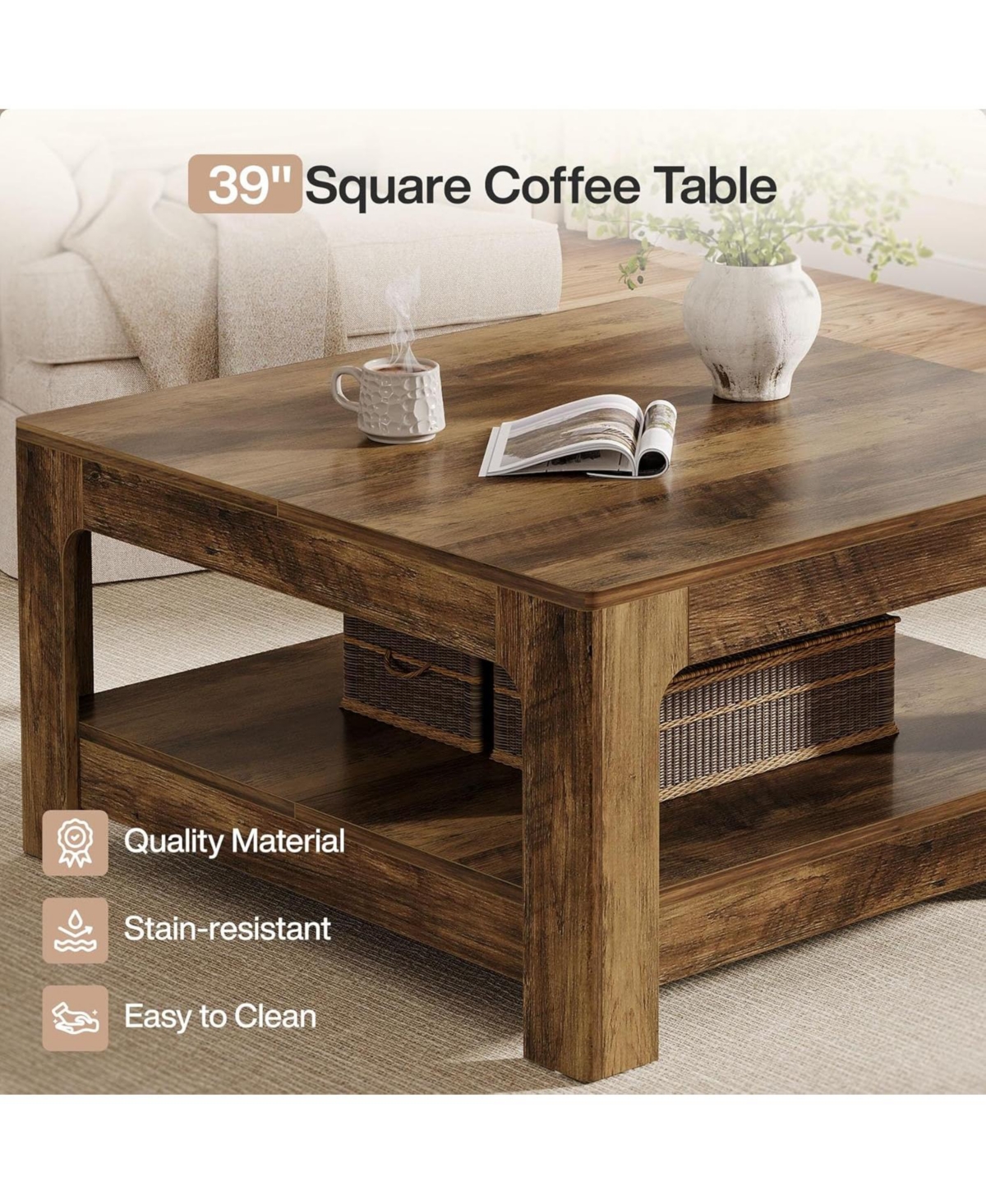 Tribesigns Square Coffee Table for Living Room, 39.4-Inch Large Farmhouse Wooden Center Tea Accent Table with 2-Tier Storage, Rustic Brown