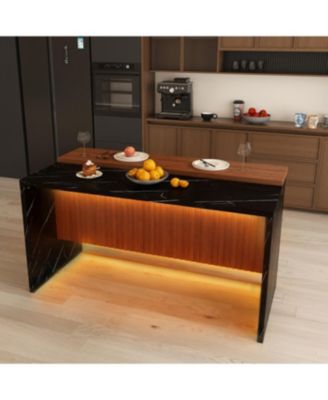 Modern Kitchen Island with Marble-Look Surface, LED Lights