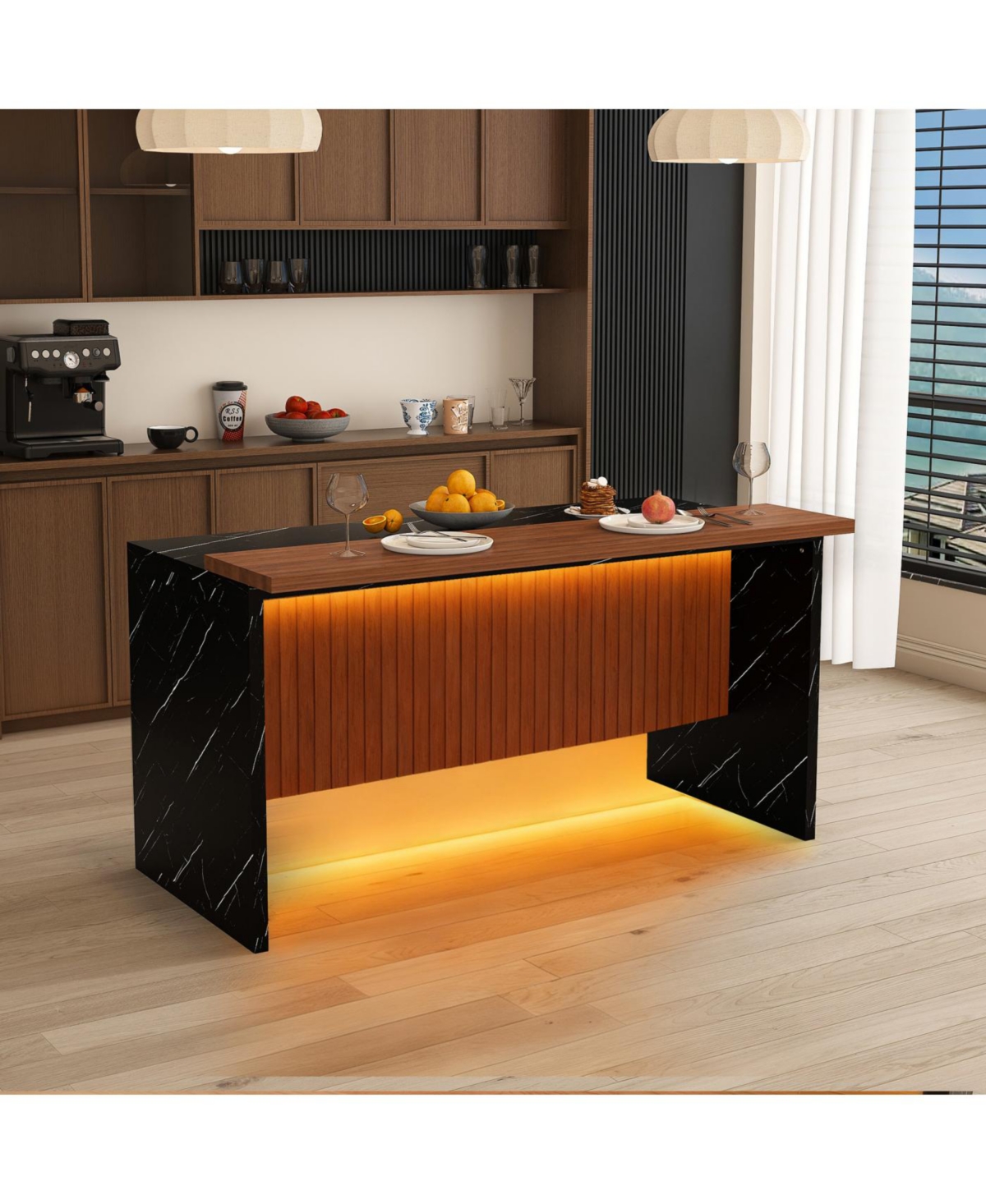 Streamdale Furniture Modern Kitchen Island with Marble-Look Surface, Led Lights