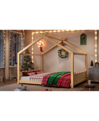 Streamdale Queen House Floor Bed with Solid Wood Frame for Kids, Natural