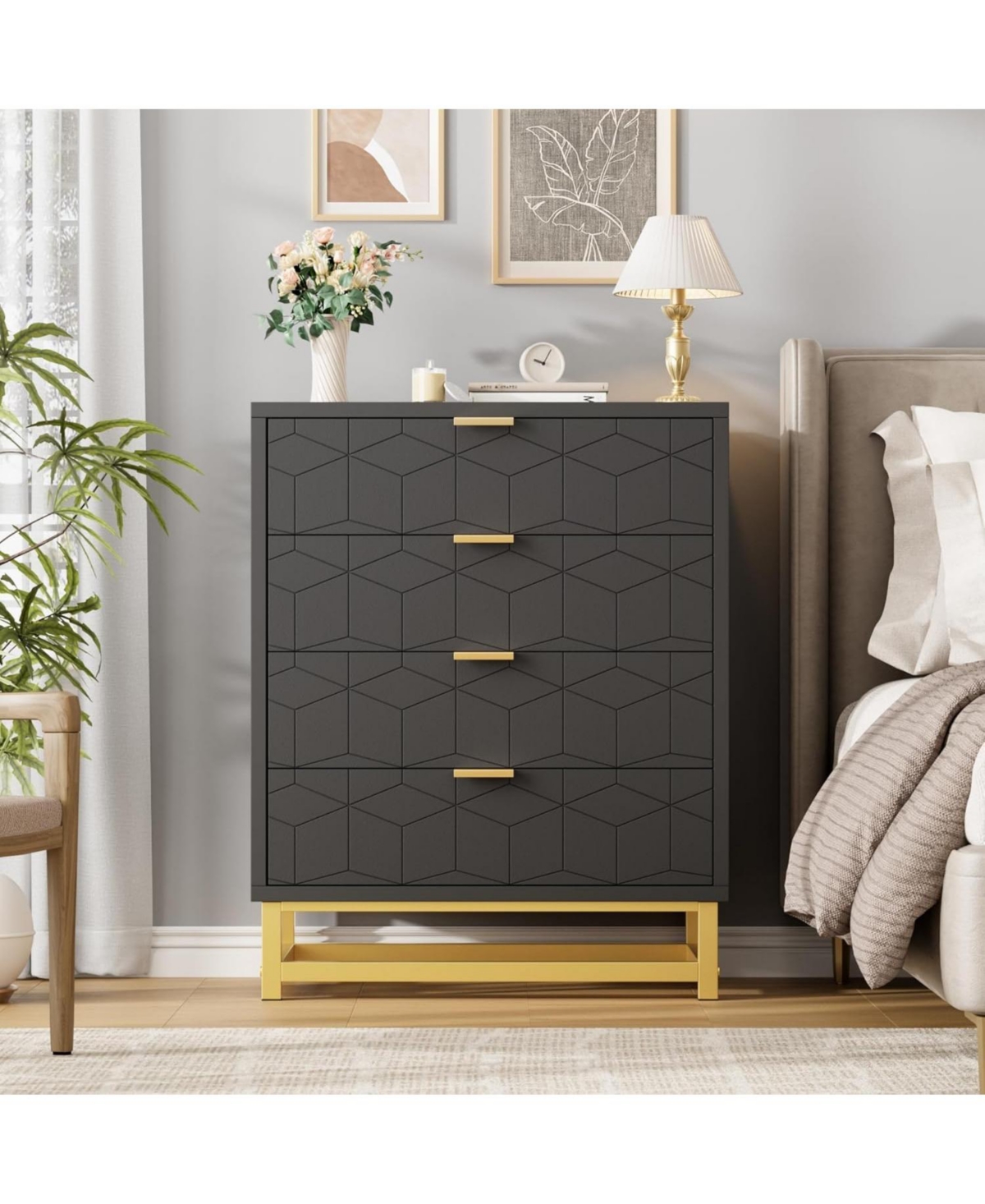 gaomon 4-Drawer Bedroom Dresser, Modern Wood Storage Chest with Metal Legs and Wide Drawers for Living Room or Hallway