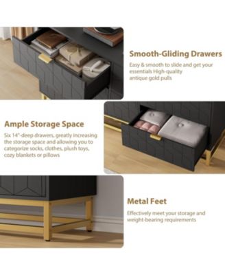 Black 6-Drawer Modern Double Dresser, Long Bedroom Storage Chest with Gold Handles for TV Area, Living Room, or Entryway
