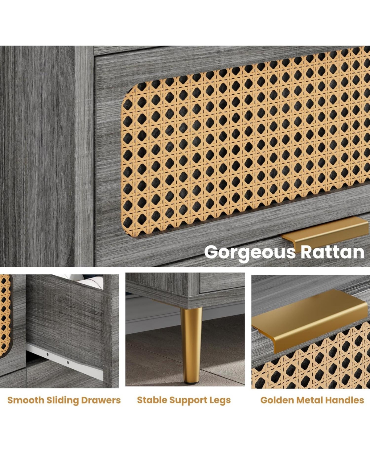 Gaomon 6-Drawer Tv Stand Dresser with Railed Edge, Mid Century Modern Gold-Leg Rattan Design, Double Dresser Storage Organizer
