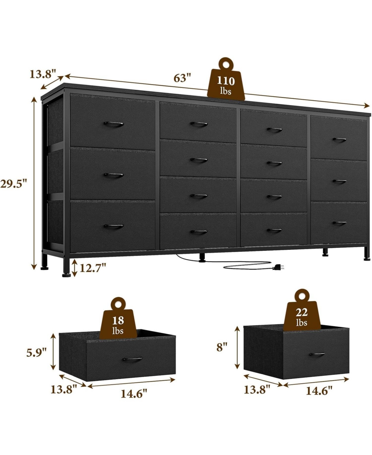 Gaomon 63" Dresser Tv Stand with 14 Fabric Drawers Built in Usb Ports Wide Multi Functional Storage Unit for 75" TVs