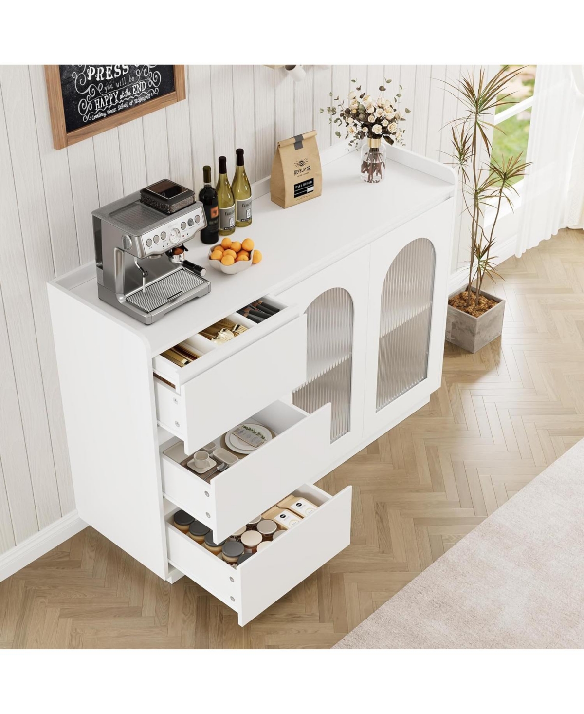 gaomon Sideboard Buffet Cabinet with Glass Door, Modern Storage Cabinet with Led Lights, 3 Drawers and Adjustable Shelves