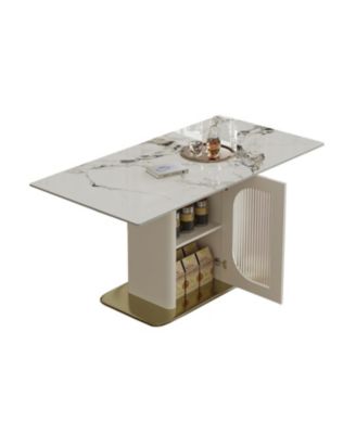 63" Modern Dining Table w/ Storage, Sintered Stone Top, Golden Wood Base