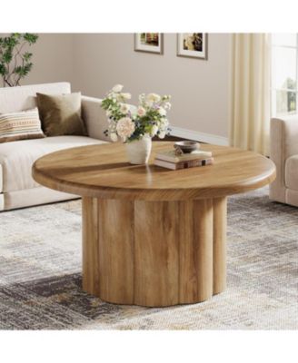 31.5" Round Coffee Table for Living Room, Farmhouse Circle Center Cocktail Table with Fluted Drum Base, Wooden Living Room Furniture