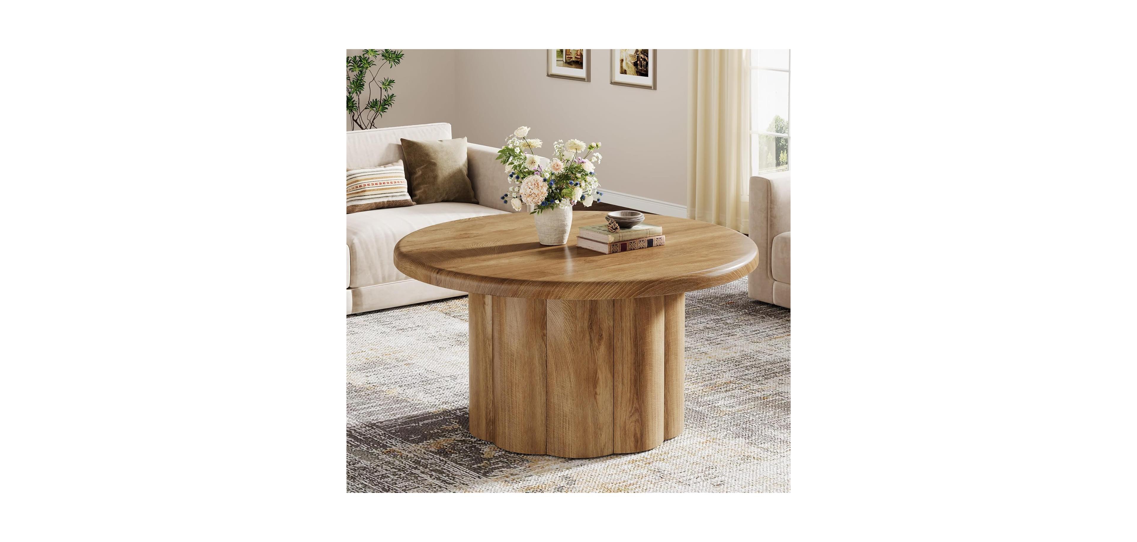 Tribesigns 31.5" Round Coffee Table for Living Room, Farmhouse Circle Center Cocktail Table with Fluted Drum Base, Wooden Living Room Furniture