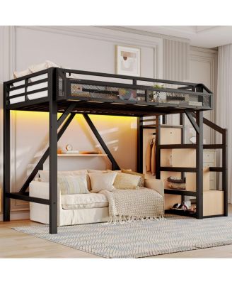 Twin XL Loft Bed with Storage Stairs, Shelves, Wardrobe, USB, LED Lights