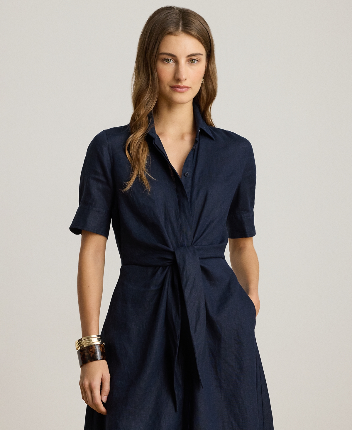 Lauren Ralph Petite 100% Linen Tie-Front Shirtdress
