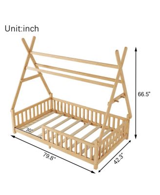 Twin House Bed with Light, Low Floor, Fence, Roof for Kids Boys Girls