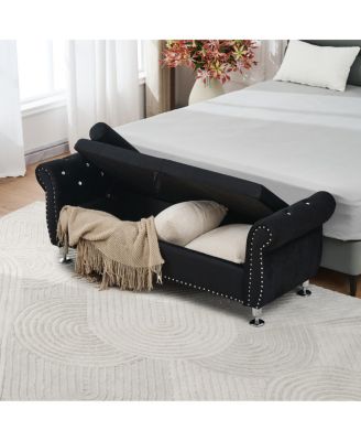 Streamdale Soft Velvet Storage Bench with Crystal Buttons & Pillow (Black)