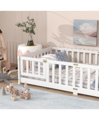 Twin Floor Bed with Fence & Door, White