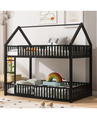 Metal Twin over Twin House Bunk Bed with Fence and Door