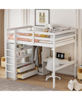 Wood Full Size Loft Bed with Built-in Wardrobe, Desk, Storage Shelves and Drawers