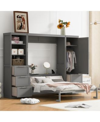 Queen Size Murphy Bed Wall Bed with Closet, Drawers and Shelves, Gray