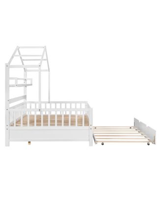 Wooden Full Size House Bed with Twin Size Trundle, Kids Bed with Shelf