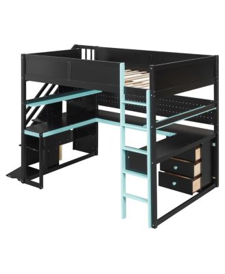 Full Size Wooden Gaming Loft Bed with Storage Stairs, Desk, Shelves & Pegboard, Black+Blue