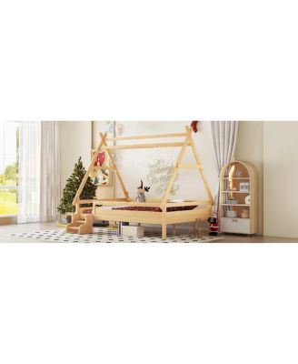 Full House Platform Bed with Stairs, Solid Wood Twin Bed Frame