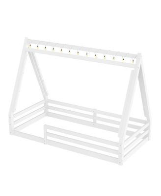 Twin Size House Floor Bed with Tent and Light, Solid Wood Teepee Bed