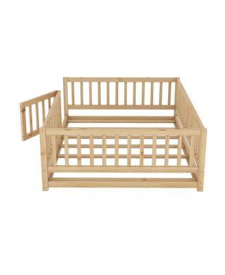 Full Size Montessori Floor Bed with Fence and Door, Oak