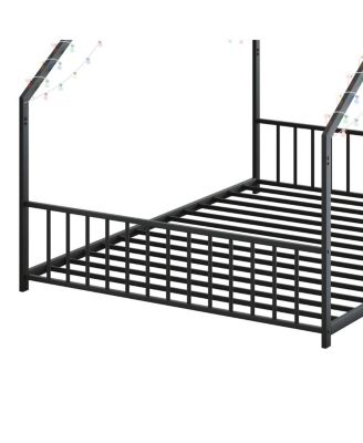 Children's Full Size Bed Frame with LED Lights, Roof-Shaped Iron, Black