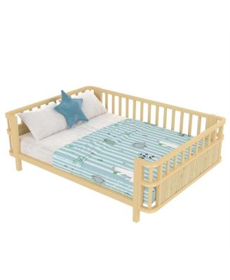 Children's double wooden platform bed with railings, suitable for girls and boys