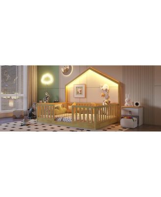 Full Floor Bed with High Rails, Wooden Montessori Bed with Light for Kids