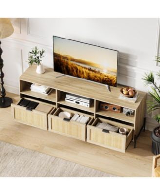 Rattan TV Stand for 75" TVs, Modern Entertainment Center with 3 Drawers, Wood Console with Metal Legs, Oak