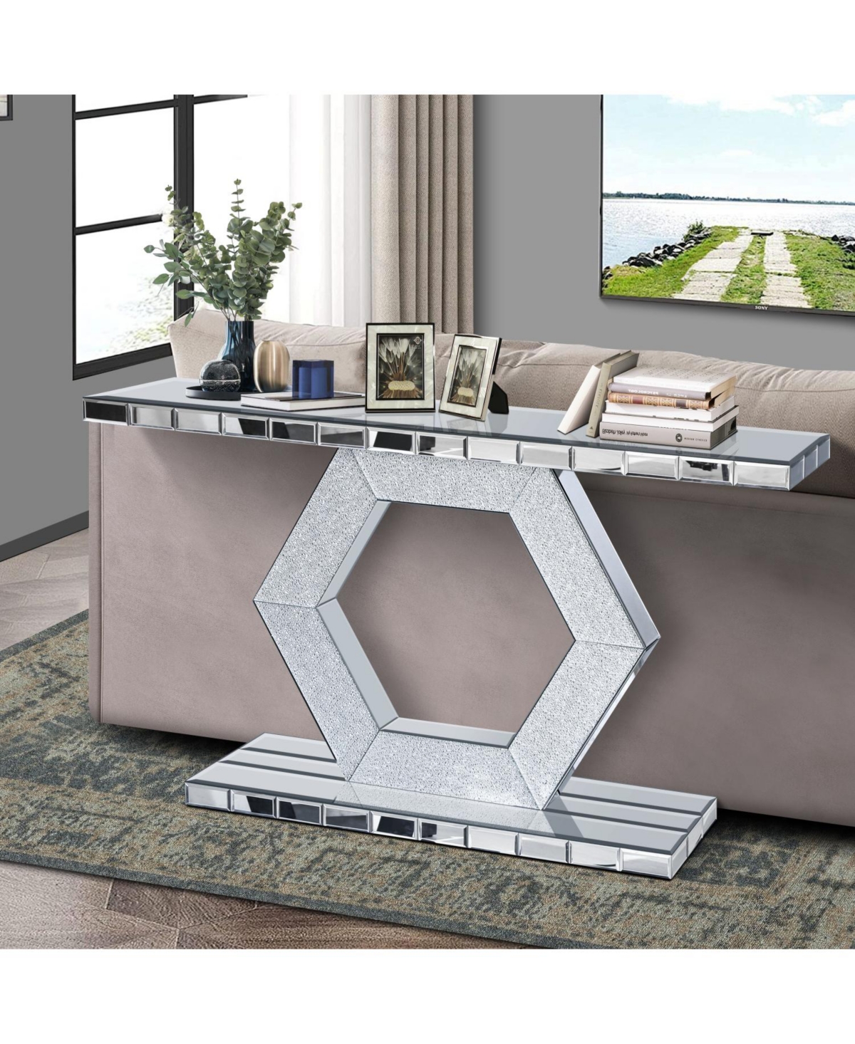 Streamdale Furniture Crystal Hexagon Mirror Console Table