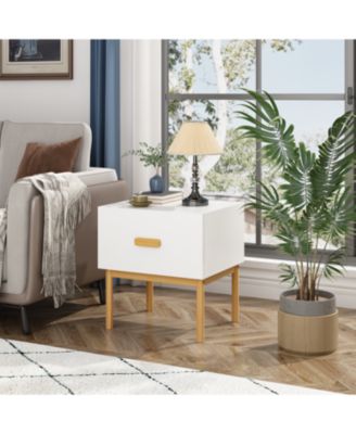 Modern White Nightstand with Drawer & Wood Legs