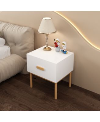 Modern White Nightstand with Drawer & Wood Legs